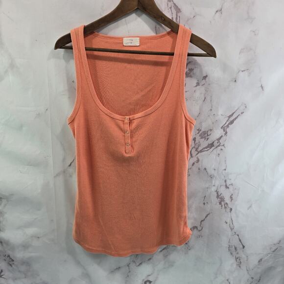 Anthropologie Tops - Anthropologie Top Womens Medium Tank Orange Ribbed Henley Scoop Peach Tla